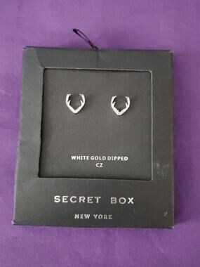 Secret Box New York White Gold Dipped CZ Antler Stud Pierced Earrings, NEW